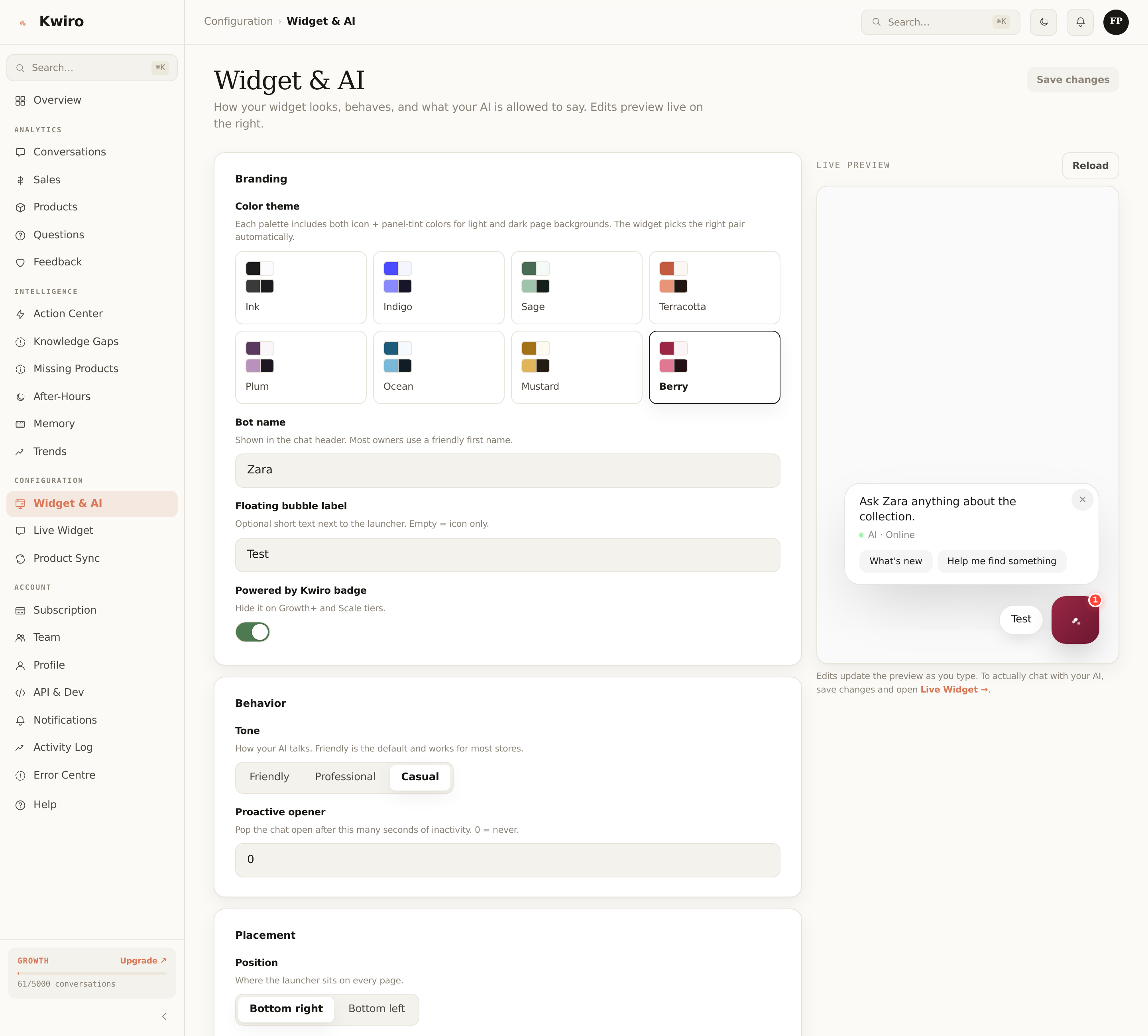 The Widget & AI page with branding controls and a live preview pane on the right.