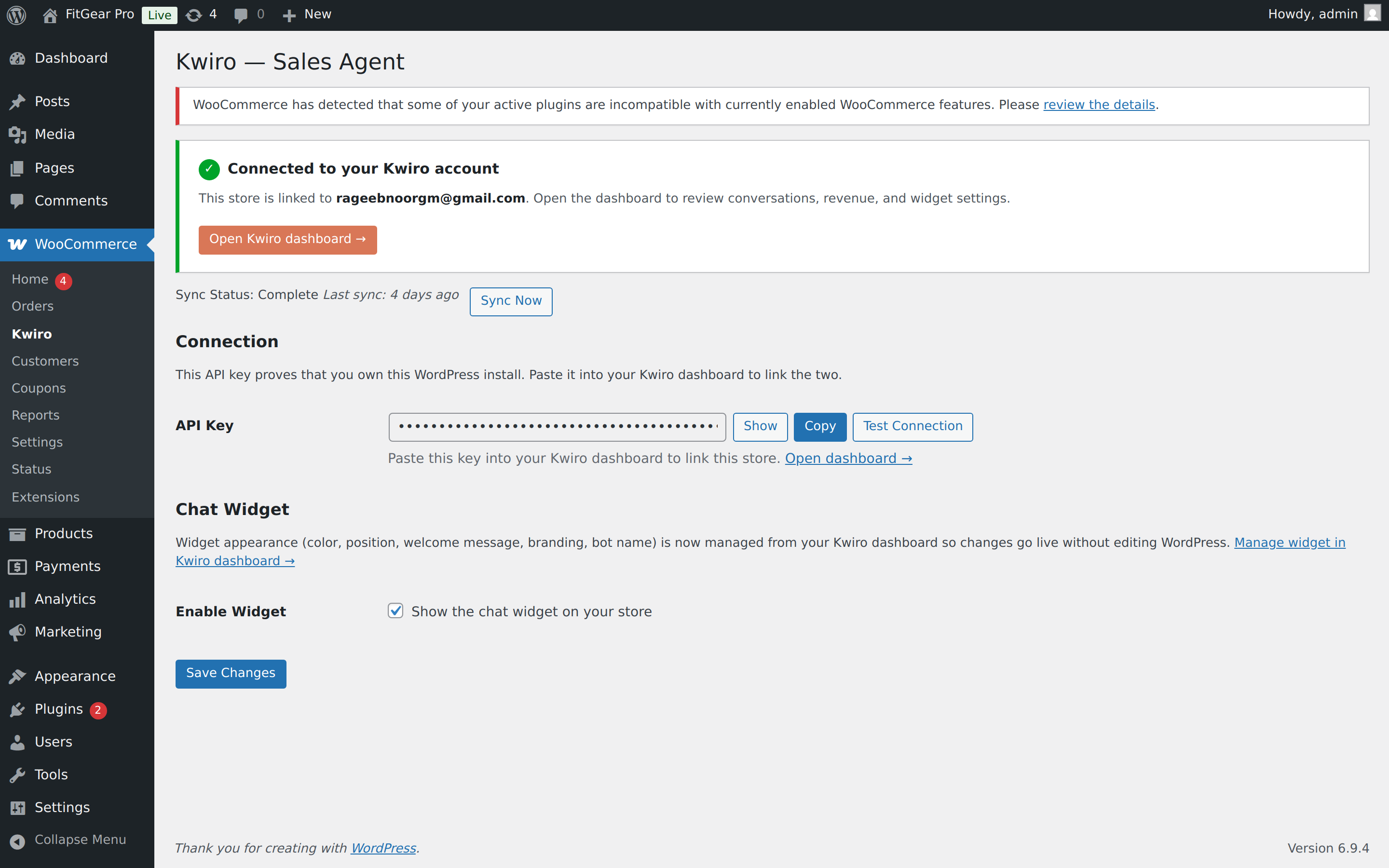 Kwiro plugin settings page in wp-admin showing the connected status, sync controls, and widget enable toggle.